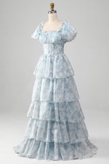 Organza Light Blue Tiered Prom Dress with Corset