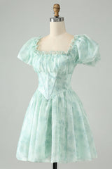 Light Green A Line Square Neck Floral Ruffle Short Homecoming Dress