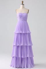A-Line Sweetheart Tiered Chiffon Long Lilac Bridesmaid Dress with Pleated