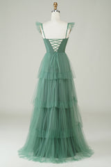 A Line Spaghetti Straps Long Tulle Eucalyptus Bridesmaid Dress