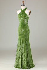 Velvet Halter Olive Holiday Party Dress