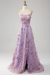 Mauve A-Line Spaghetti Straps Long Prom Dress with Appliques