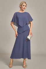 Sheath Scoop Tea-Length Stormy Chiffon Mother of the Bride Dress