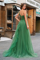 Dark Green Tulle A-Line One-Shoulder Long Prom Dresses