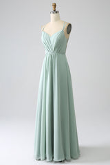 Matcha A-Line Spaghetti Straps Backless Pleated Long Bridesmaid Dress