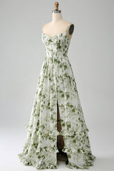 Green A-Line Spaghetti Straps Printed Pleated Long Prom Dress With Slit