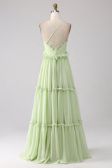 Ruffles A Line Green Bridesmaid Dress with Lace-up Back