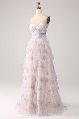 Lavender Flower Tiered Princess Prom Dress with Pleated