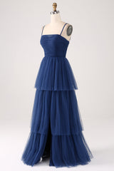 A Line Spaghetti Straps Tiered Tulle Pleated Prom Dress with Slit