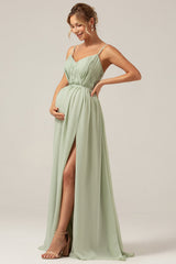 Dusty Sage A-Line Spaghetti Straps Chiffon Long Bridesmaid Dress with Slit