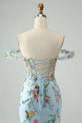 Blue Floral Bodycon Spaghetti Straps Embroidered Short Homecoming Dress