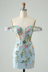 Blue Floral Bodycon Spaghetti Straps Embroidered Short Homecoming Dress