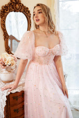 Blush A-Line Tulle Shot Sleeve Prom Dress