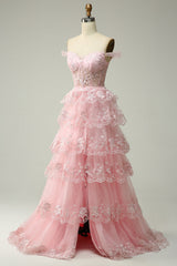 Pink Off The Shoulder Tiered Prom Dress