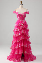 Off The Shoulder Fuchsia Prom Dress with Sequins