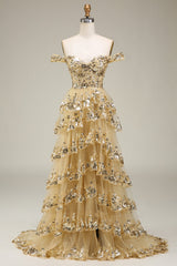 Golden Off The Shoulder Tiered Prom Dress