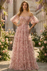 Ivory Red Flower Off The Shoulder Prom Dress