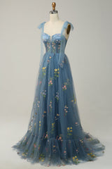Grey Blue Embroidery Corset Long Prom Dress