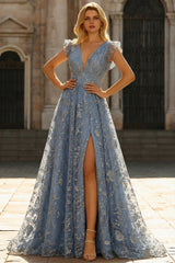 A Line Deep V Neck Grey Blue Plus Size Prom Dress with Embroidery