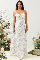 Spaghetti Straps Purple Floral Long Bridesmaid Dress