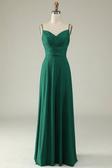 A Line Spaghetti Straps Dark Green Long Wedding Guest Dress