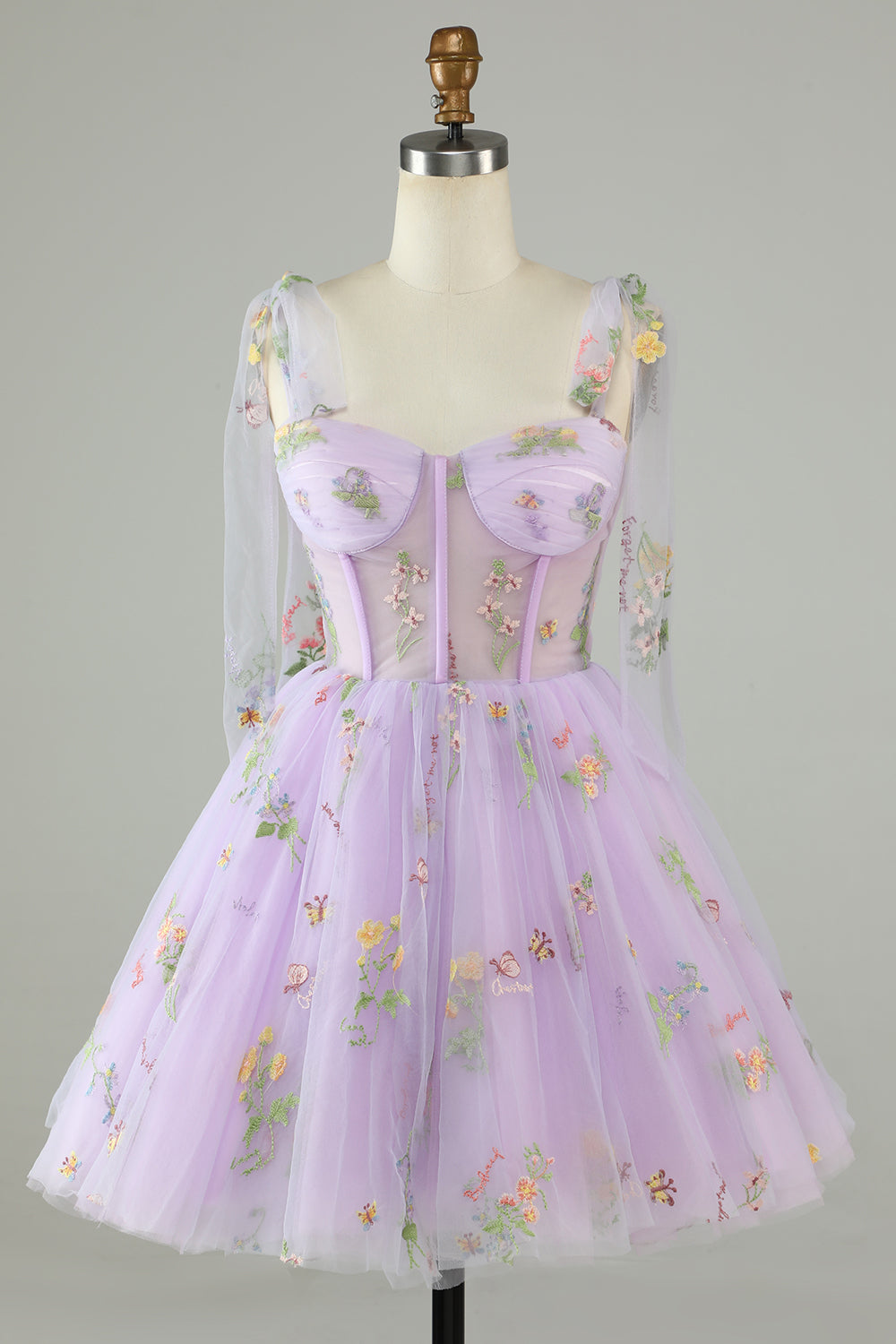 Spaghetti Straps Lavender Tulle Short Homecoming Dress with Embroidery