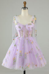 Spaghetti Straps Lavender Tulle Short Homecoming Dress with Embroidery