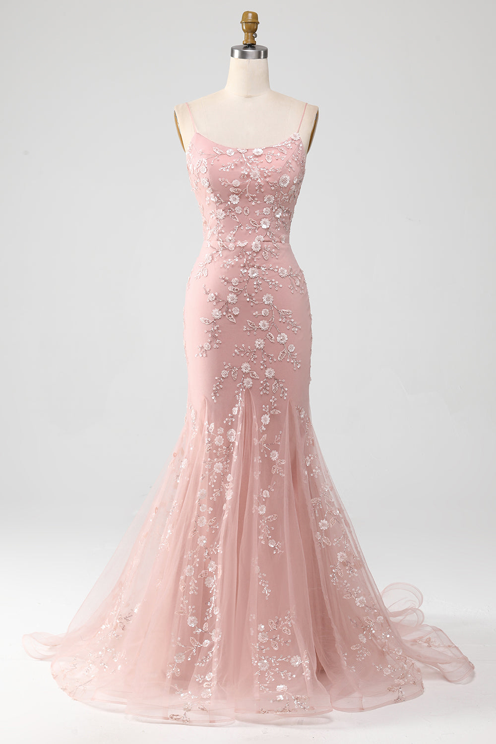 Mermiad Blush Lace Spaghetti Straps Long Prom Dress with Appliques