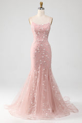 Mermiad Blush Lace Spaghetti Straps Long Prom Dress with Appliques