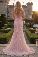 Mermiad Blush Lace Spaghetti Straps Long Prom Dress with Appliques