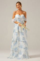 White Blue Floral Boho Chiffon Ruffled Long Bridesmaid Dress