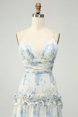 White Blue Flower A Line Spaghetti Straps Long Tulle Bridesmaid Dress with Ruffles