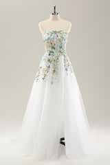 White A Line Strapless Tulle Slit Wedding Dress with 3D Flowers