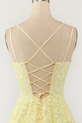Yellow Spaghetti Straps Prom Dress With Appliques