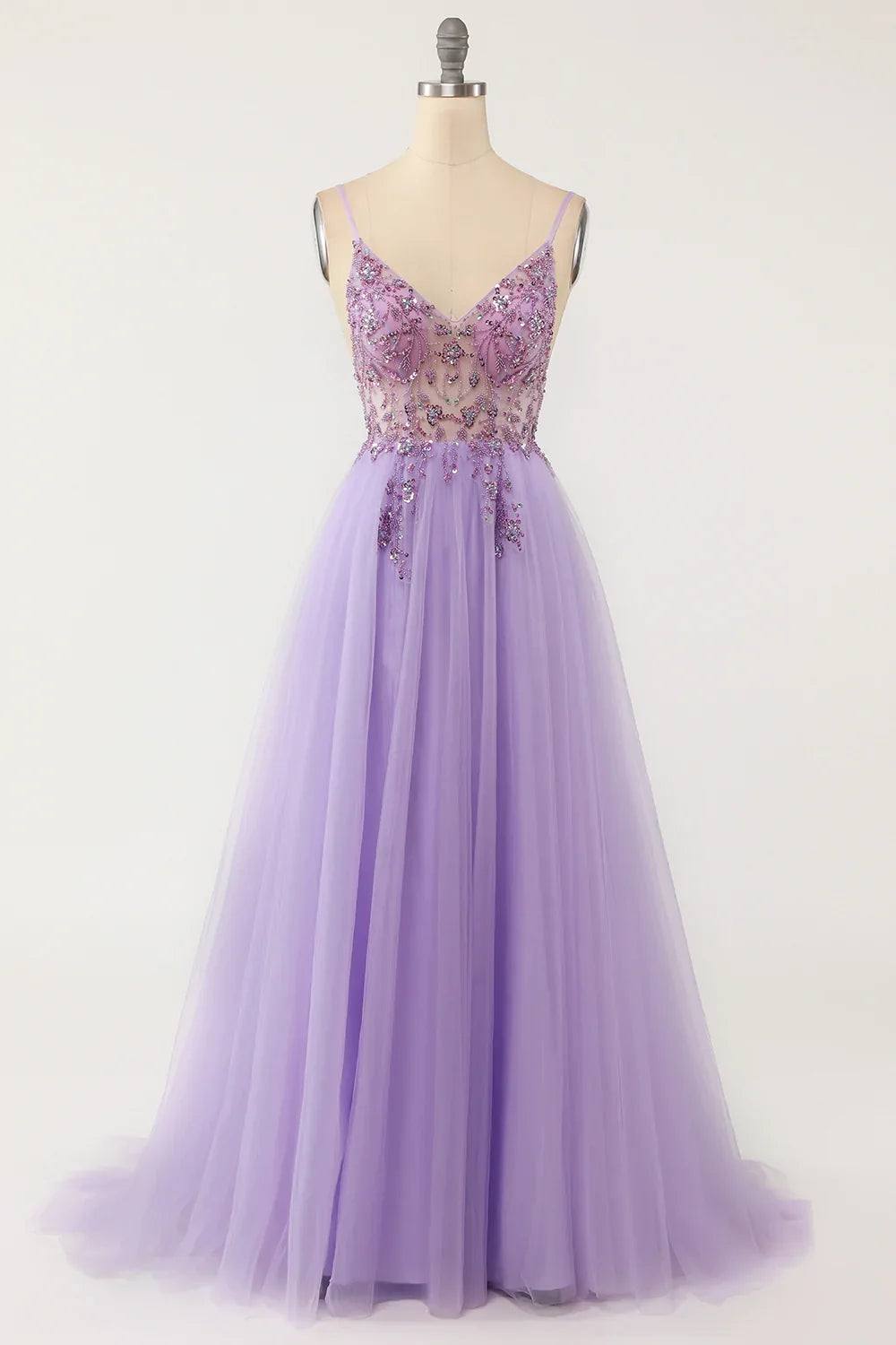 Purple Beaded Tulle Spaghetti Straps Long Prom Dress