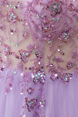 Purple Beaded Tulle Spaghetti Straps Long Prom Dress