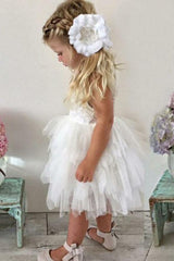 A-Line Crew Knee-Length Tulle Flower Girl Dress with Lace Ruffles  FL06