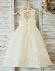 A-Line Floor-Length Open Back Beige Sleeveless Lace Flower Girl Dress FL01