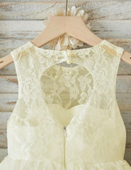 A-Line Floor-Length Open Back Beige Sleeveless Lace Flower Girl Dress FL01