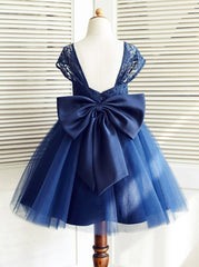 A-Line Square Knee-Length Navy Blue Tulle Flower Girl Dress  FL02