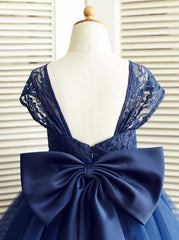 A-Line Square Knee-Length Navy Blue Tulle Flower Girl Dress  FL02