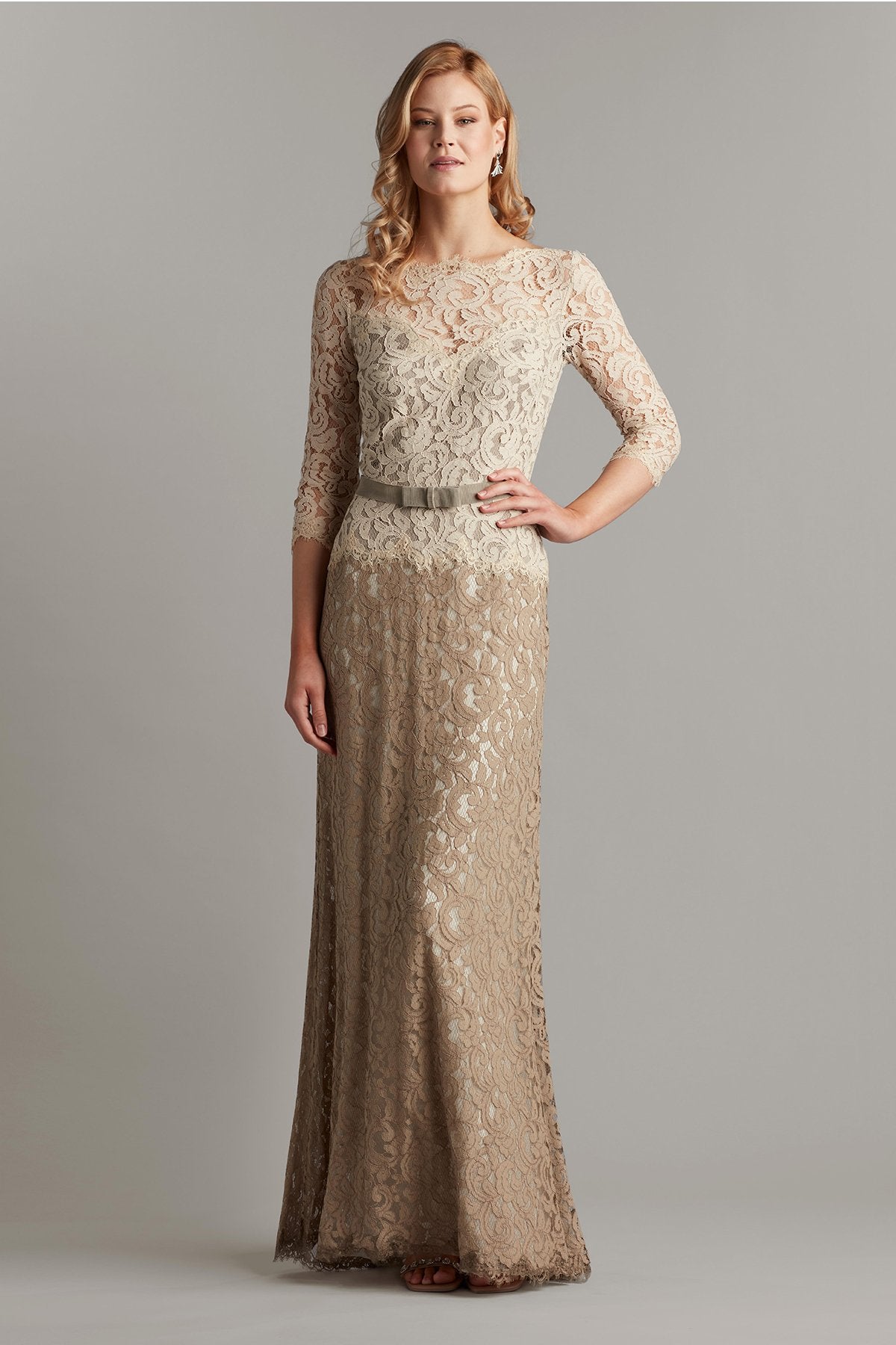 Amberly Belted Lace ? Sleeve Gown