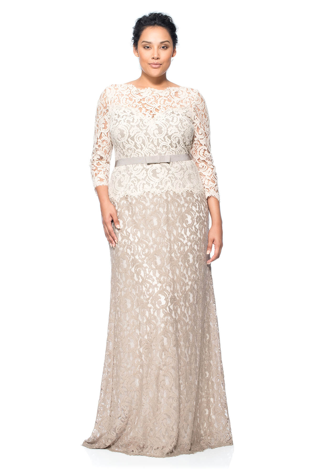 Amberly Belted Lace ? Sleeve Gown - PLUS SIZE