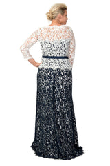 Amberly Belted Lace ¾ Sleeve Gown in Navy / Ivory