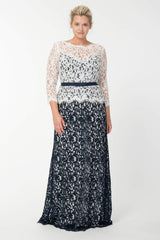 Amberly Belted Lace ¾ Sleeve Gown in Navy / Ivory