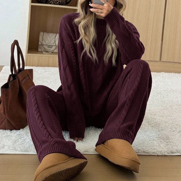 Burgundy Casual Women's Sweater Set