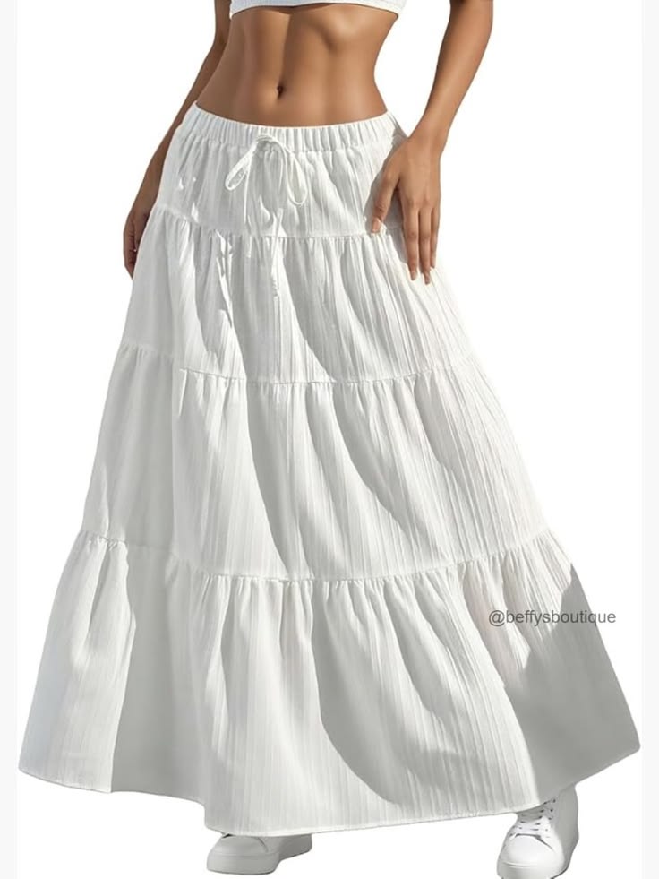 Boho Maxi Skirt Elastic Waist A-Line Tiered Ruffle Summer Beach