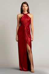 Ambrosia Draped Halter Lam¨¦ Gown