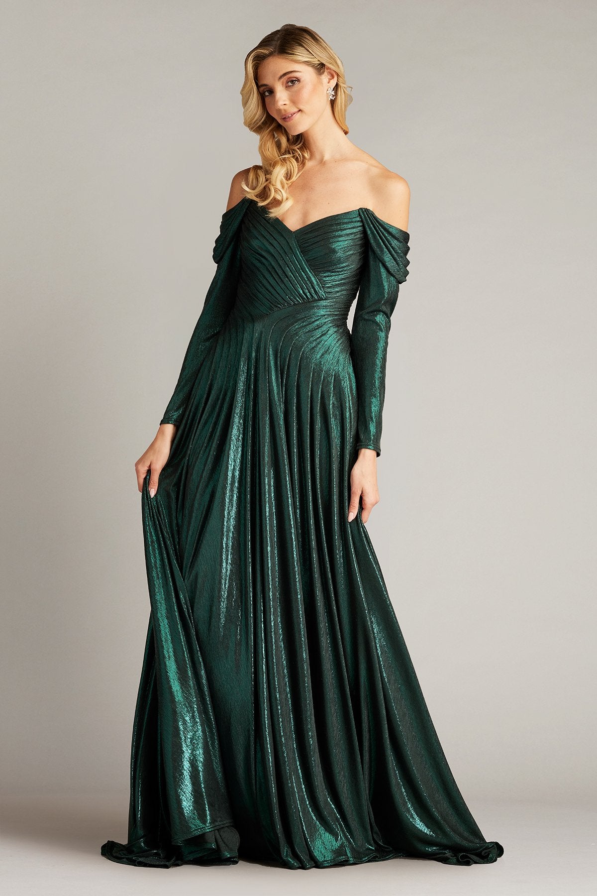 Alysia Off-Shoulder Pleated Drape Metallic Gown