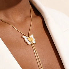 Butterfly Necklace for Adults. Waterproof Non Tarnish. 18K Real Gold Plated 304 Stainless Steel with Zircon Inlay and Woven Chain